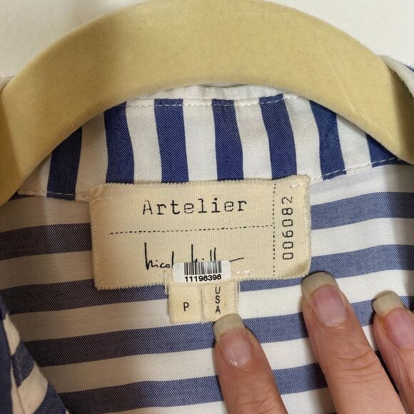 Artelier Blue and White Stripe Collar Button Down Bell Tie Sleeve Blouse XS - Picture 4 of 11